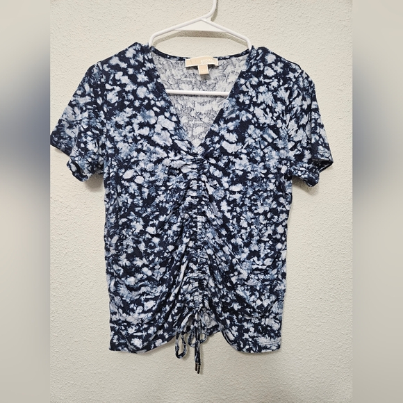 Michael kors medium cinched tie dye blue short sleeve summer cotton modal top - Picture 2 of 8